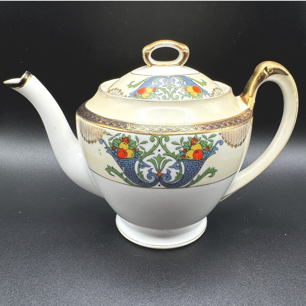 Vintage Noritake Japan Teapot Fruit Basket Art Deco Gold Trim M Wreath 1920s